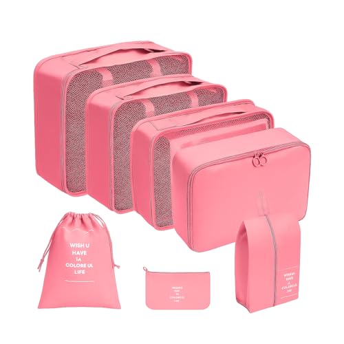 Organizador Viagem Kit 7 Peças - Necessaire para Bagagem Malas Roupas Bolsa Cosméticos Higiene - Dobrável Impermeável Multiuso Feminina Masculina Unissex Grande Compacto Prático (ROSA)