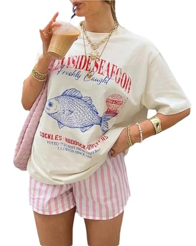 Women Vintage Oceanside Seafood Graphic Letter Print Aesthetics Short Sleeves Oversized Tee T-Shirt