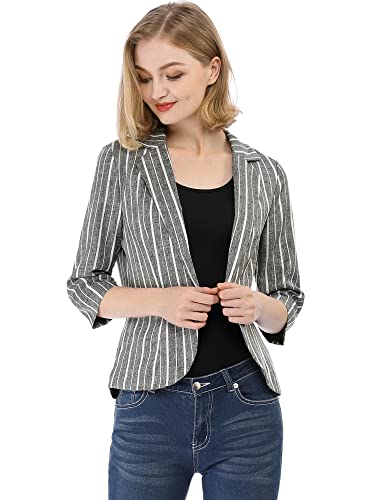 Allegra K Women's Striped Open Front Work Office 3/4 Sleeves Casual Notched Lapel Blazer3