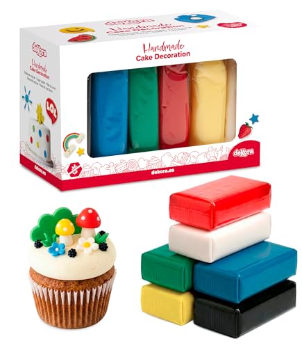 Dekora - Pack de Pastas de Azúcar Fondant de Colores Primarios Blanco, Rojo, Azul, Verde, Amarillo y Negro - 6 Colores para Decorar Tartas y Cupcakes - Modelado Fácil - 6 x 100 g - 600g