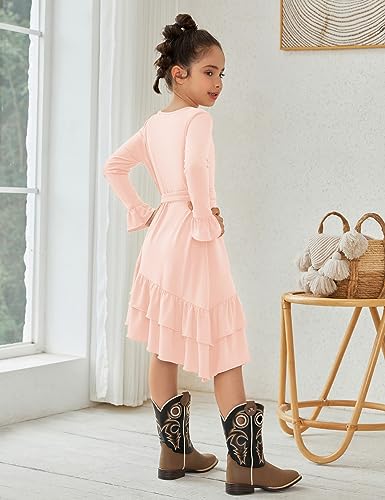 QPANCY Girls Long Sleeve Dresses Round Neck Casual Ruffle Swing Dress with Belt4