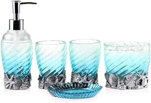 Bathroom Decoration with Sea Star and Sea Shell, Vanity Decorative Set Including Makeup Brush Holder, Trumblers, Teethbrush Holder, Soap Dish and Soap Dispenser, Gift