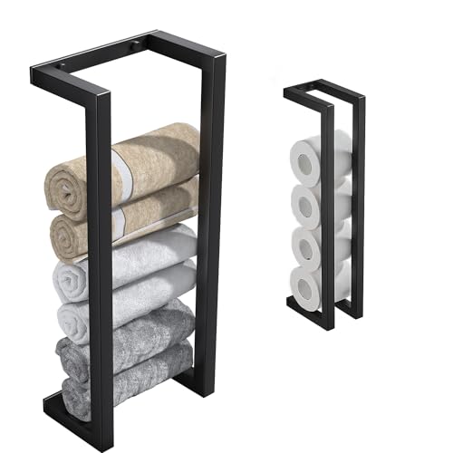 2 in 1 Modern Bathroom Towel Storage Rack for Rolled Towels,Towel Organizer or Toiled Paper Storage by Your Need,Premium Aluminum Black Bath Towel Holder Wall Mounted,Easy Installation
