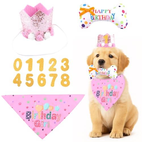 shallyong Set Compleanno Cane, 4 Pezzi Decorazioni Festa di Cappellino per Cani con Cappello, Bandana, Giocattolo a Forma di Osso & Numeri, Regalo Cane Compleanno per Cani Maschi e Femmine (Rosa)