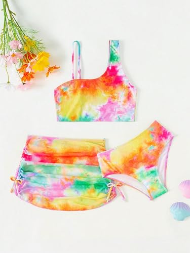 Image of OYOANGLE Girl's 3 Piece Bikini Swimsuit Tie Dye Beach Sports Bathing Suit with Beach Skirt Cover Up Multicolor 10Y