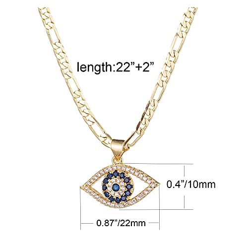 kelistom Evil Eye Necklace for Women | 14K White Gold Plated Cubic Zirconia Inlay Evil Eye Pendant Necklace | 3mm Figaro Chain Necklace 18/22 inches2
