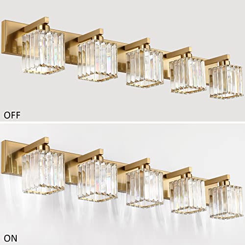 Image of Aipsun Bathroom Vanity Lights Fixtures Crystal Vanity Light 5 Light Modern Brass Bathroom Lighting Fixtures (Exclude Bulb)
