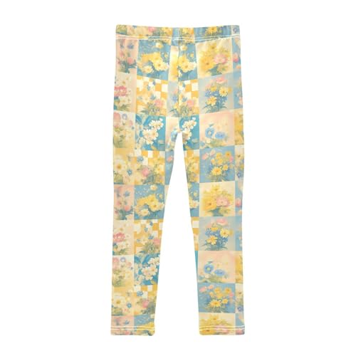 Retro Checker Board Groovy Flower Oil Painting Kids Girl's Cotton Pants Soft Full Length Yoga Pants Running2