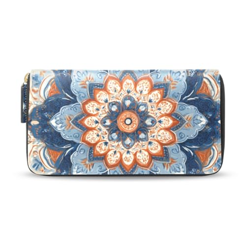 Long Wallets Leather Bifold Wallet for Women Indian Mandala with Zipper Credit Card Holder Large Capacity