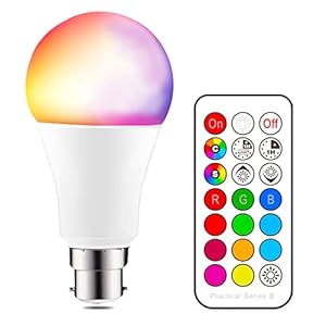 iLC Colour Changing Light Bulb Dimmable 10W B22 Bayonet RGBW LED Light Bulbs – 12 Color Choices – Remote Controller…