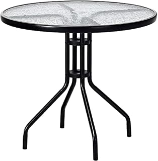 Comforyou 80cm Round Garden Dining Table With Umbrella hole Outdoor Table with Tempered Water Wave Glass Top Metal Frame Coffee Table (80cm Round)