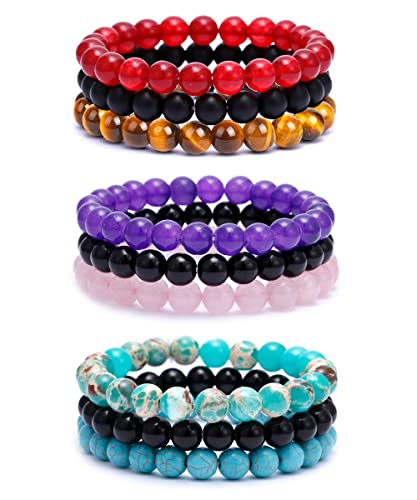Bomail 9Pcs 8Mm Natural Stone Beaded Bracelet Set For Men Women Semi-Precious Gemstone Beads Bracelets Matte Lava Rock Volcanic Tiger Eye Stone Yoga Healing Energy Crystal Stretch Bracelets Set #TOP26