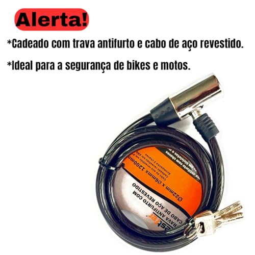 Cadeado Com Trava Antifurto E Cabo De Aço Ideal Para Bikes E Motos Com Duas Chaves