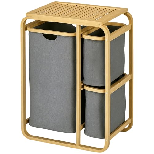 HOMCOM Panier à linge panier de rangement corbeille à linge bac linge sale en bambou 3 paniers amovibles et coulissants en non-tissé - 49l x 33P x 70H cm gris