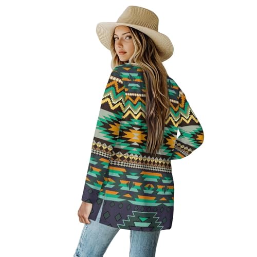 Image of Women's Aztec Open-Front Jacket Lightweight Casual Outerwear Native Western Aztec Pattern & Plaid Houndstooth Print