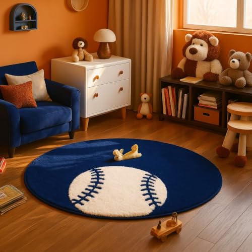 Image of Modern Shaggy Round Rug | Ultra-Soft Plush Circle Carpet for Living Room, Bedroom, Nursery | Fuzzy, Fluffy Area Rug with Non-Slip Base Blue Double Ball 7x7 feet
