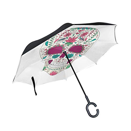 Preisvergleich Produktbild SKYDA Doppellagiger umgekehrter Regenschirm mit Totenkopf-Motiv, Winddicht, Regenschirm für Auto und Regen im Freien, mit C-förmigem Griff