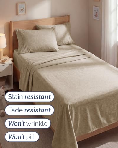 Image of Twin 4 Piece Bed Sheet Set - Breathable & Cooling Sheets - Heathered Beige