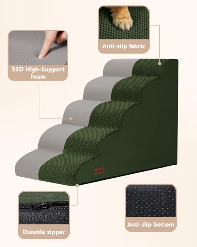 Image of Aodisman Dog Stairs for High Beds,5 Step Pet Ramp for Dogs and Cats,22.4 inch H | High-density foam dog steps for beds and window sills, with a non-slip bottom for puppy and older cat,comfortable,Green