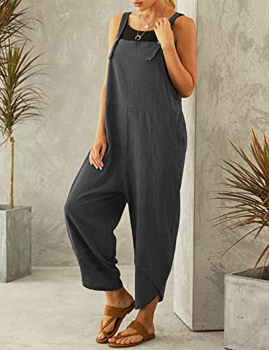 Uaneo Womens Cotton Adjustable Casual Summer Bib Overalls Jumpsuits With Pockets (Grey, L) #TOP2