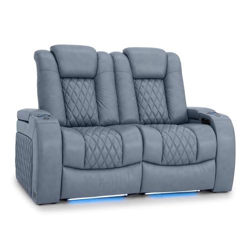 Image of Seatcraft Diamante Smokey Blue Italian Leather Home Theater Seating, Zero Gravity Power Recliner, Gaming and Home Office Chair, Powered Headrest Furniture for Cinema Room, Row of 2 Loveseats