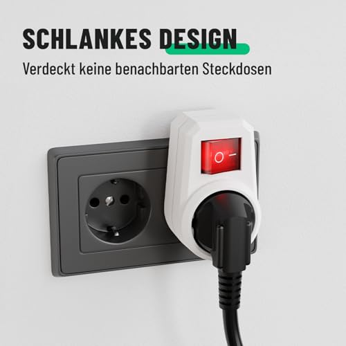 greate 3x Schaltbare Steckdose mit Schalter 1fach - Schuko Steckdosenschalter 2 polig, Zwischenstecker mit Schalter, Stecker mit Schalter, Steckdosen mit Ausschalter, Steckdosenadapter mit Schalter