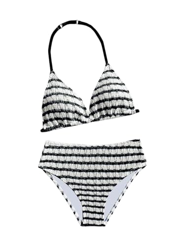 RoseSeek Girl's Tie Dye Smocked 2 Piece Swimwear Sets Backless Halter Bikini Cute Brief Bathing Suit Striped Black and White 9Y