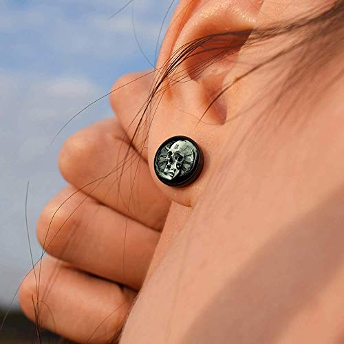 FLYUN 6Pairs Skull Mens Earrings Fake Gauge Earrings Fake Plugs Earring for Men Men’s Black Studs Earrings with Screw Flat Backs Surgical Steel2