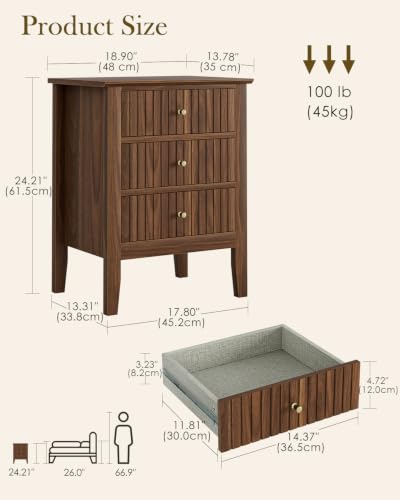 Image of Night Stand, Fluted Nightstand Bedside Tall Farmhouse Nightstand with 3 Drawers, Mid Century Modern Side Accent Table,Bedside End Table for Bedroom, Living Room, Walnut