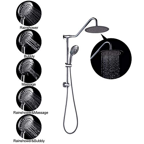 Regadera de lluvia dual Sarlai con mano libre — Cabeza de regadera de lluvia de acero inoxidable de 10 pulgadas, rociador manual de 5 modos con barra deslizante ajustable sin perforación y manguera, acabado cromado miniatura 4