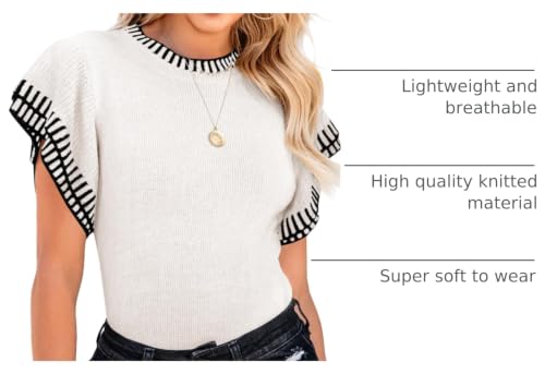 Image of Saodimallsu Womens Short Sleeve Sweater Summer Striped Top Soft Knit Shirts | Ruffle Sleeve,Loose,Crew Neck,Lightweight,Casual,Work,Spring,Womens Tops,Pullover,Fall