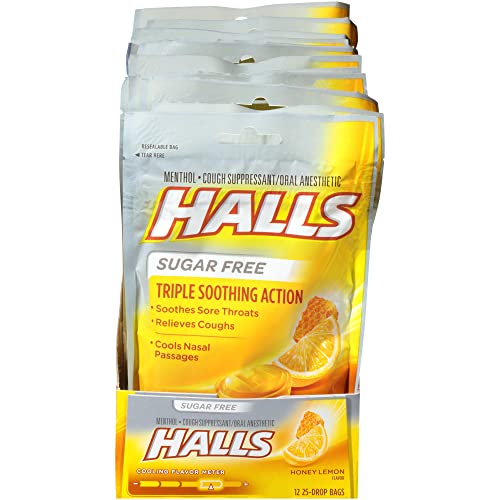 Halls Mentho-Lyptus Sugar Free Drops, Honey-Lemon, 25-Count Bags (Pack of 12)