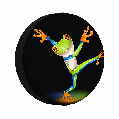 Image of Dancing Tree Frog Spare Tire Cover Cartoon Green Frog with Orange Eyes Equilibrium Swing Weatherproof Universal Wheel Protectors Camper Tire Covers for Trailer Rv Travel(17 inch)
