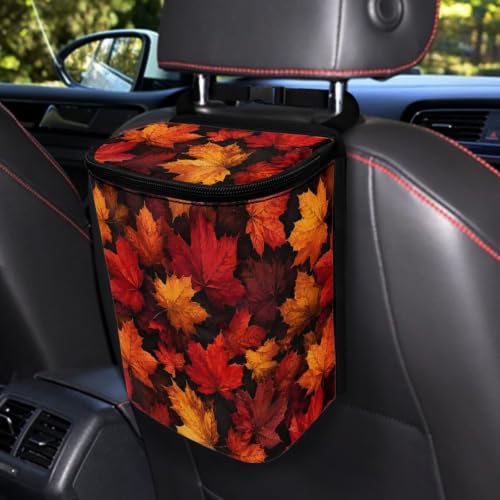 Image of Talayituse Fall Maple Leaf Print Car Trash Can with Lid, Leak Proof Auto Trash Bag Hanging Vehicle Garbage Can Multipurpose Storage Container for Back Seat Road Trip Autumn Decor