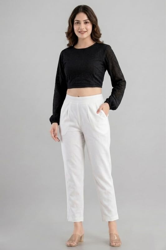 Image of Solid Cotton Woman Trousers Pants Regular Fit Kurti Pant with Drawstring Daily Office Formal Casual Use