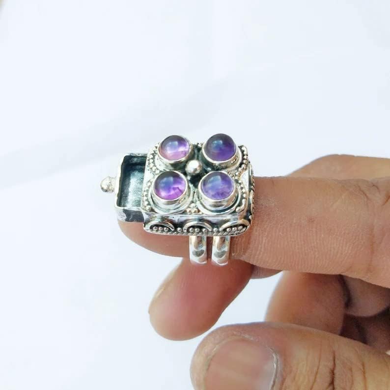 Natural Amethyst Rectangle Shaped Poison Box Ring Four Amethyst Gemstone Ring Four Stone Ring Purple Stones ring Precious Ring Large Poison Pillbox Ring Antique Poisoner Ring Amethyst Jewelry