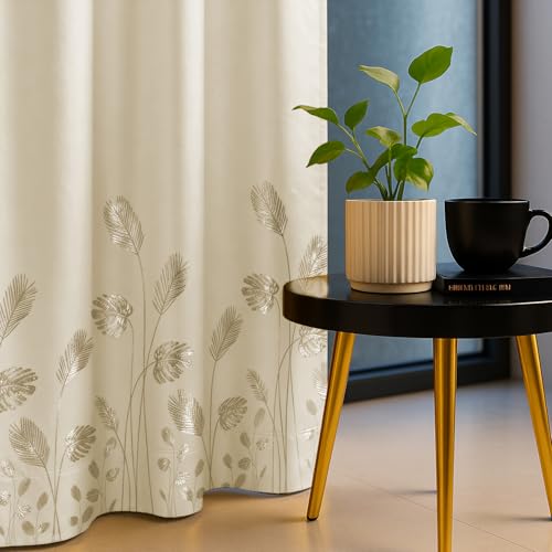Image of Urban Space 100% True Blackout Curtains for Window, Gold Foil Printed Blackout Curtains, Blackout Decorative Window Curtain Eyelet with Tieback, 1 Piece Curtain for Living Room(Aurika Beige, 5 Feet)