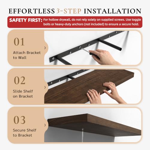 Image of 48 inch Extra Deep Floating Shelves, Set of 3, Walnut Wood | 48 inchL x 12 inchD x 1.8 inchH, Set of 3, Solid Paulownia Wood, Walnut Finish, Hidden Brackets, Hardware Included