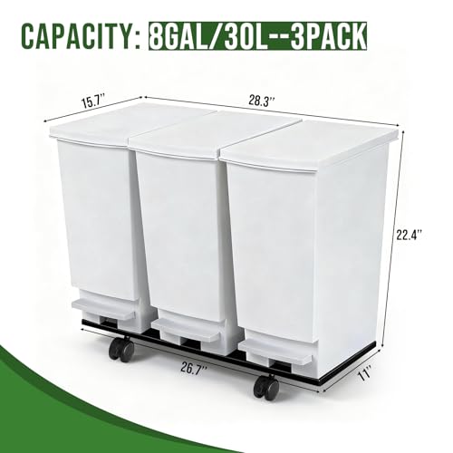 Image of Large Trash Can with Wheels and Lid, 8 Gallon Kitchen Foot Pedal Garbage Can with 360 Swivel Casters, Hands Free Step On Recycling White Trash Can - Odor Block, Durable Metal Wheel Base, 3Pack