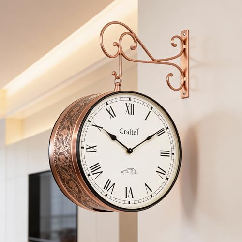 Image of CRAFTEL Double Sided Station Hanging Wall Clock | Both Side Roman Numerals | Aluminum Dial with Dome Glass | Gift for Home Hall Living Room | Dial 10 Inch, Rose Gold