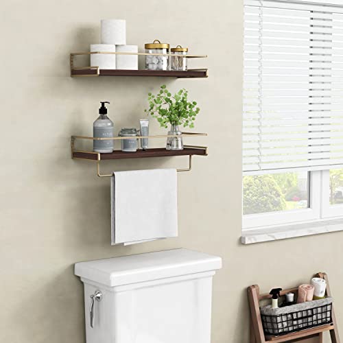 Floating Shelves Bathroom Shelves Over Toilet Set of 2, Bathroom Wall Shelves with Towel Bar, Wall Mounted Vanity Shelf for Bedroom, Kids Room, Kitchen (Brown & Gold)