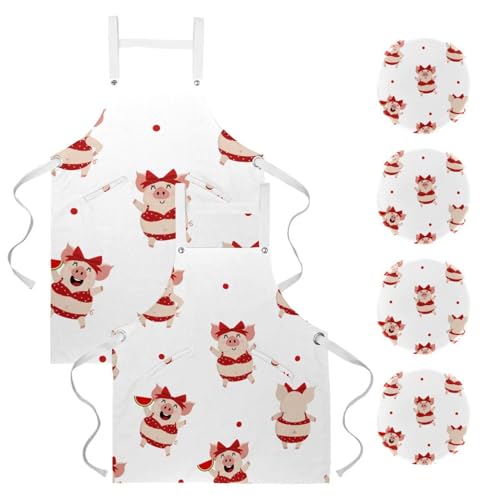 Tablier de serveuse pour pâtisserie et nettoyage de la maison style été cochon rouge