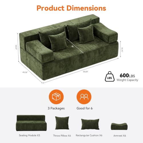 Image of MONVANE 3-Piece Boneless Loveseat Couch Set for Living Room, Oversized Modular Sectional Sofa Set with Removable Armrests, Comfy Chenille Cloud Couch with 12 Pillows, No Assembly Required, Green
