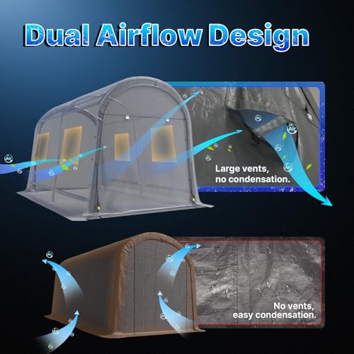 ADVANCE OUTDOOR 7x12 ft Shelter Storage Shed Steel Metal Round Peak Roof Portable Garage Carport for Motorcycle, Boat, or Garden Tools with 2 Roll up Doors & Vents, Gray