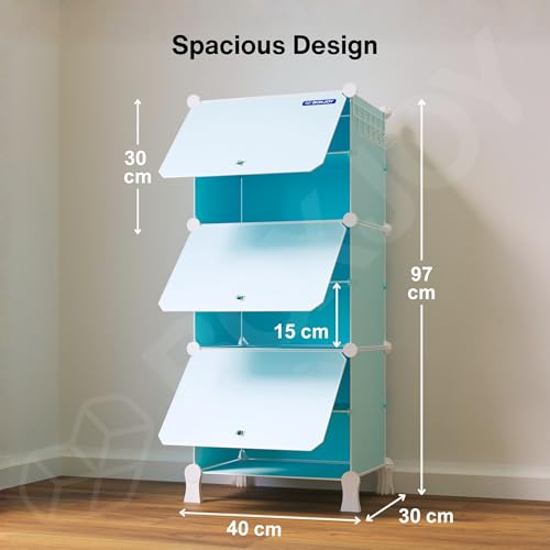 Image of BOXJOY 6 Shelf Shoe Rack with 3 Doors, Magnets, 5 Hook Steel Holder & Wooden Hammer for Home Storage PP Plastic Organizer with Metal Door Frame to Cover Chappal Slipper Sandals Shoes Box Stand (Blue)