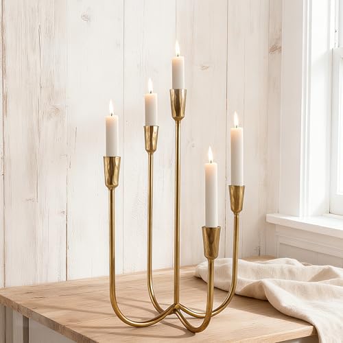 Cast Iron Candelabra 5-Taper Candle Holders, Golden Metal Candlestick Holders Tabletop Candles Stand, Decorative Table Centerpieces Mantel Decor, Antique Brass by VIVIRENOIR - Used condition - US$34.79