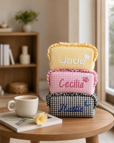 campaign:KEQHAULI Custom Product Collection-10% Campaign lD: 1F88SLQEM8D3U Product name: KEQHAULI Custom Embroidered Ruffled Plaid Makeup Bag, Personalized Name Cosmetic Pouch, Ruffle-Trimmed Travel Toiletry Bag - image 7