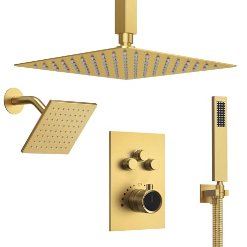 Image of Ceiling Mount 12 inch High-Pressure Rainfall Shower Faucet, Dual Rainfall Shower Head System with Valve (Brushed Gold)