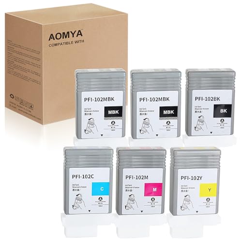 Image of PFI-102 Ink Cartridges 6 Pack Compatible for Canon PFI102 PFI-102MBK PFI-102BK PFI-102C PFI-102M PFI-102Y Replacement for imagePROGRAF IPF500 IPF510 IPF600 IPF605 IPF610 IPF650 IPF700 IPF710 IPF720
