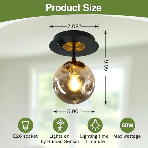 Image of Motion Sensor Light Indoor 1-Light Mini Glass Globe Ceiling Light Fixture Modern Black Semi Flush Mount Light for Hallway Entryway Porch Stairway Closet